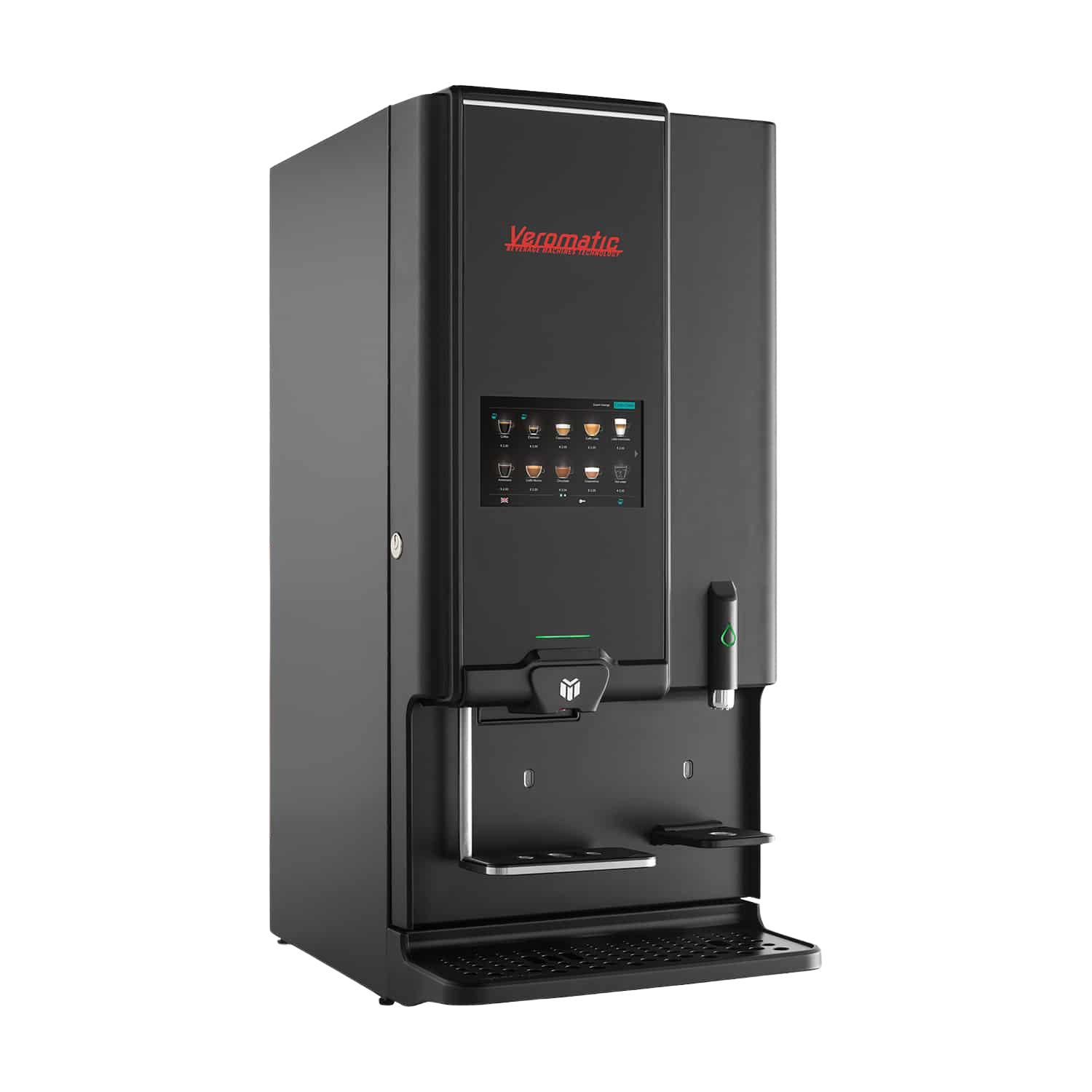 Zwarte fresh brew koffiemachine met touchscreen, geschikt voor snel en smaakvol koffiezetten per kopje op de werkvloer.